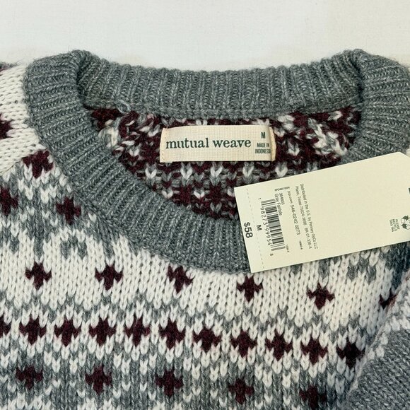 Mutual Weave Fair Isle Crew Neck Knit Sweater M Long Sleeve Grey White Maroon - Picture 9 of 10